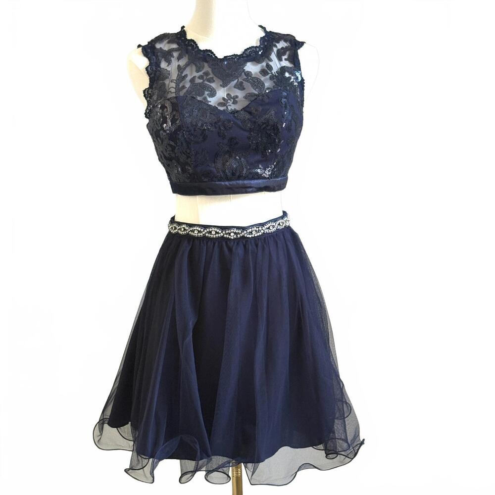 Sequin Hearts | 2 Piece Short Navy Blue Formal Prom Dress Sequin Rhinestone 3